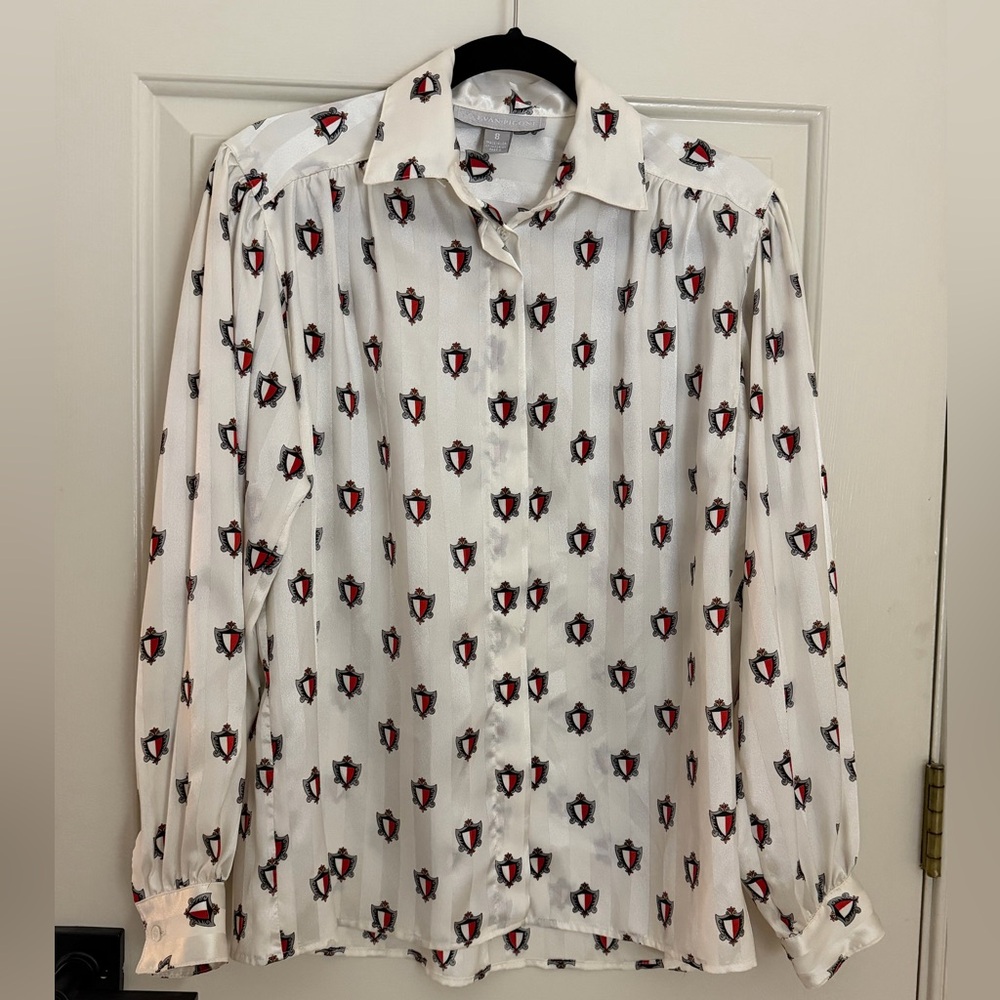 Evan Picone Vintage silk Blouse Crest Pattern Size 8